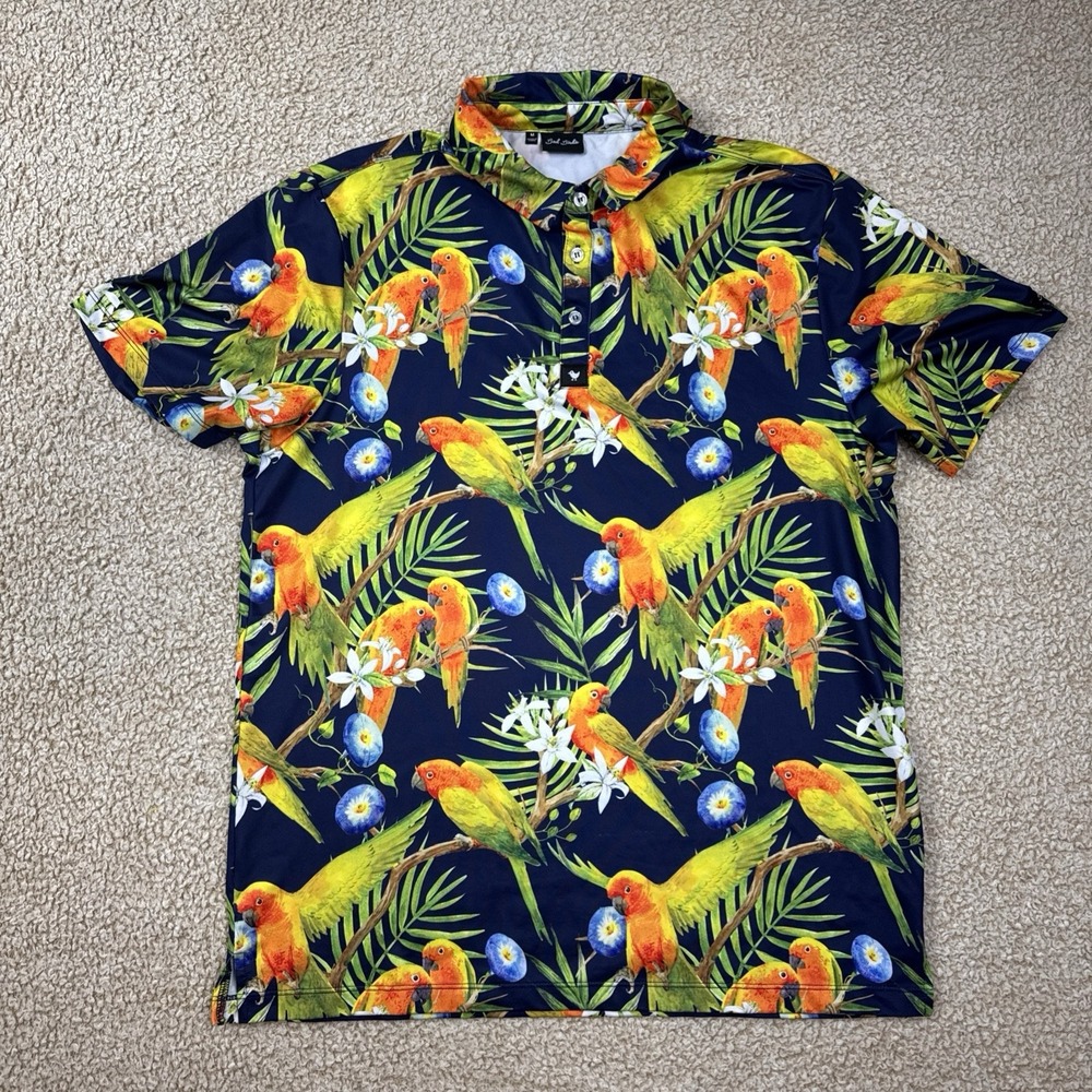 Bad Birdie Polo Golf Shirt Men's Medium Floral Print Navy Blue Short Sleeve